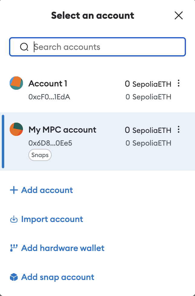 Account management Snap accounts in MetaMask UI